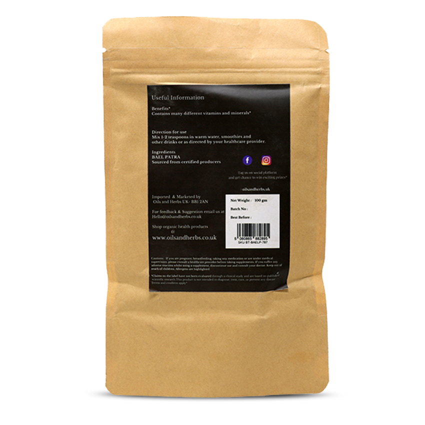 Organic Bael Patra Powder - Aegle Marmelos Correa -100% Pure, Clean and Natural
